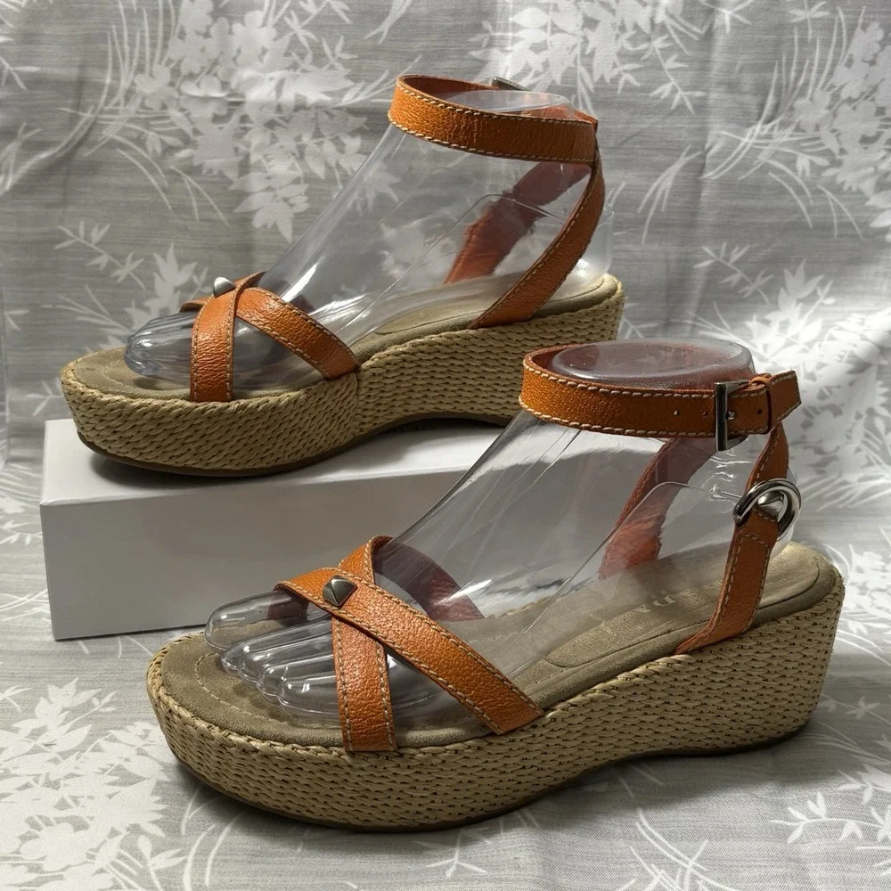Prada Orange Leather Espadrille Wedge Sandals